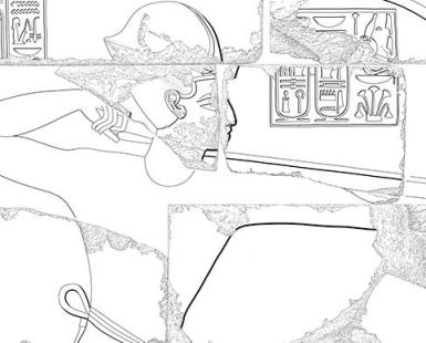 A drawing of a king in chariot from Medinet Habu West High Gate façade blocks.
