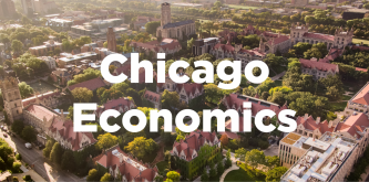 Chicago Economics over aerial view of campus