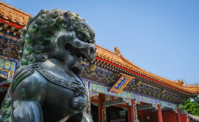 Lion statue outside of a temple