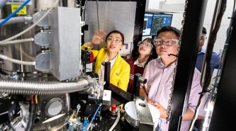 Prof. Shirley Meng and collaborators examine lab equipment